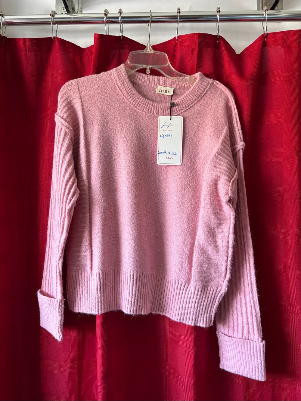 BiBi Soft Pink Crewneck Sweater with Ribbed Sleeve Detail, sample from BIBI⭐️